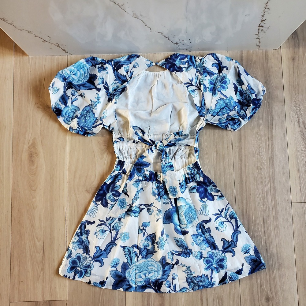 SIR. Alena Dress Womens 0 Blue White‎ Silk Floral Open Back Puff Sleeve Mini